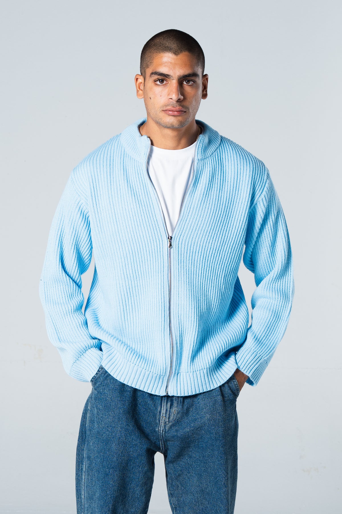 Blank Knitted Jacket - Baby Blue - #men