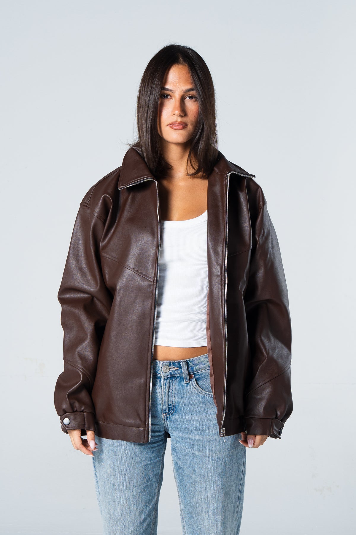 Blank Leather Jacket - Brown - #women