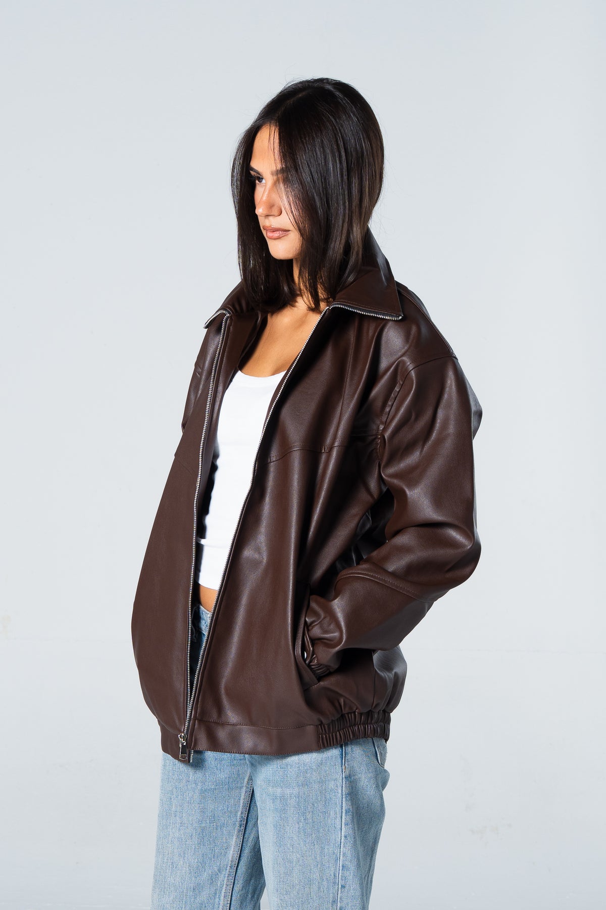 Blank Leather Jacket - Brown - #women