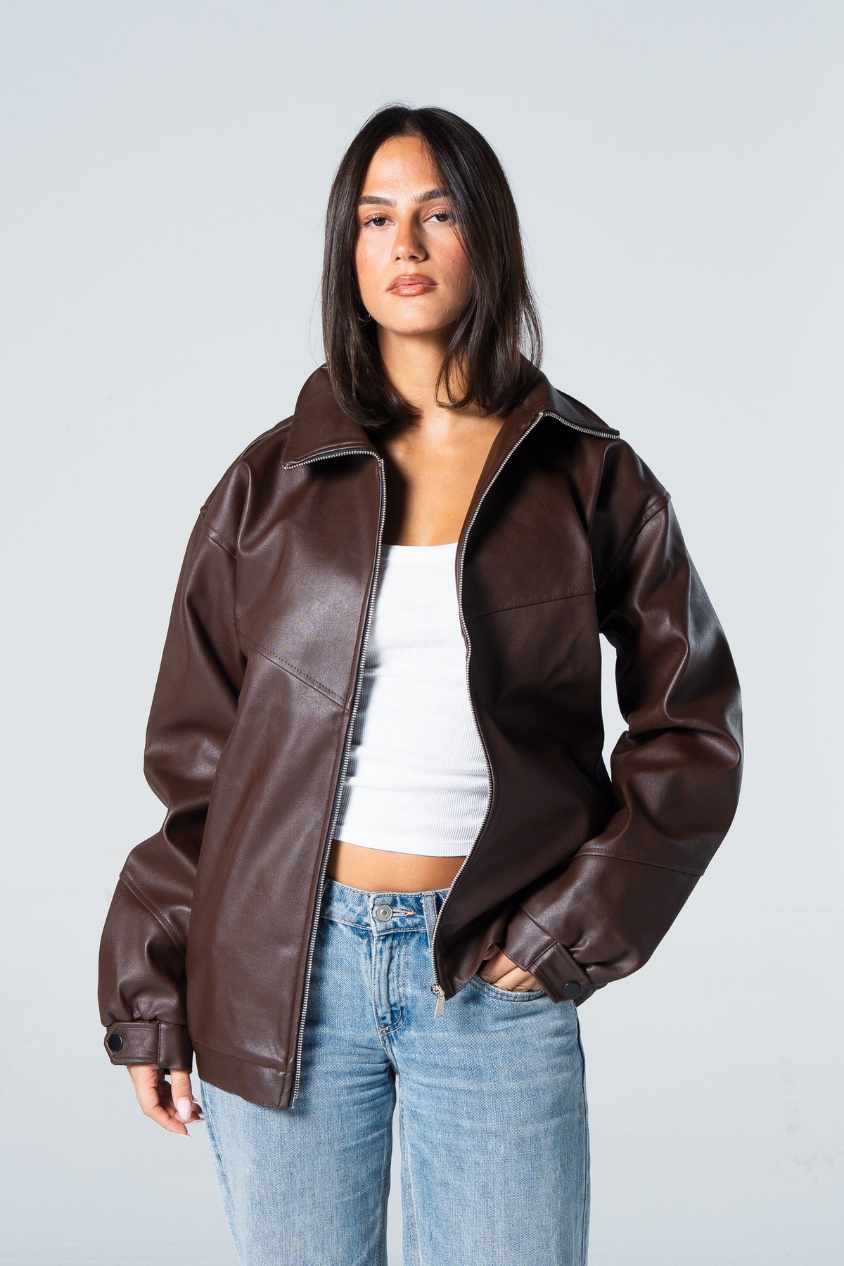 Blank Leather Jacket - Brown - #women