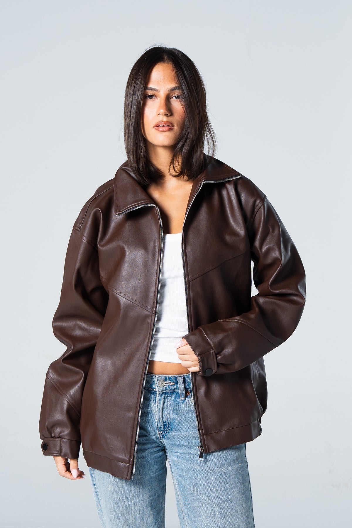 Blank Leather Jacket - Brown - #women
