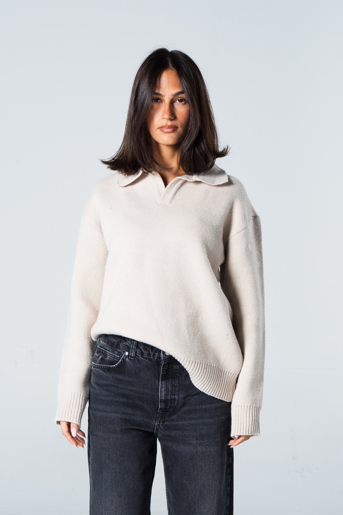 Blank Knitted Pullover - Beige - #women
