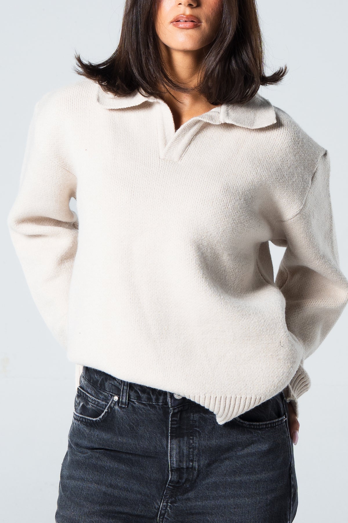 Blank Knitted Pullover - Beige - #women