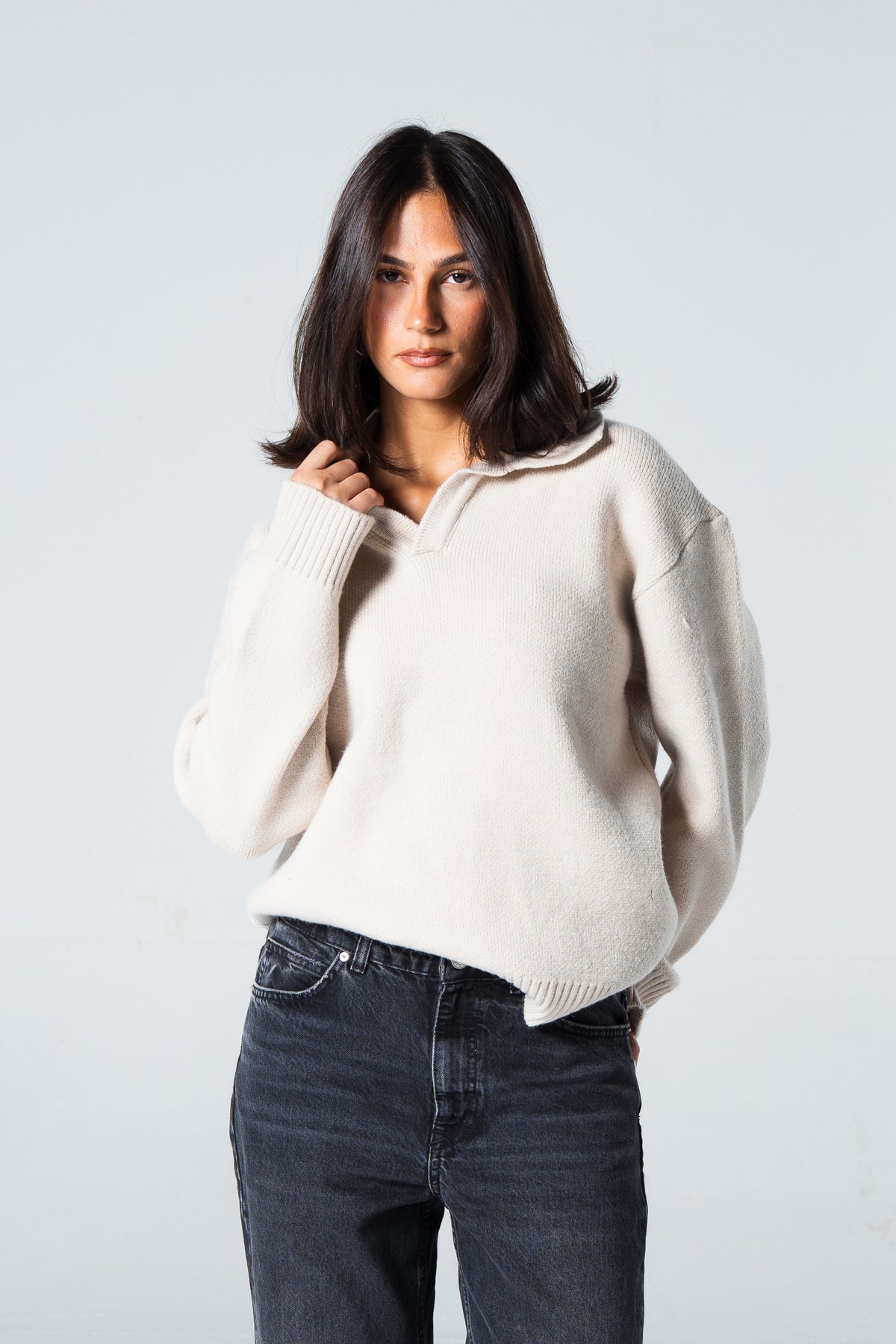 Blank Knitted Pullover - Beige - #women