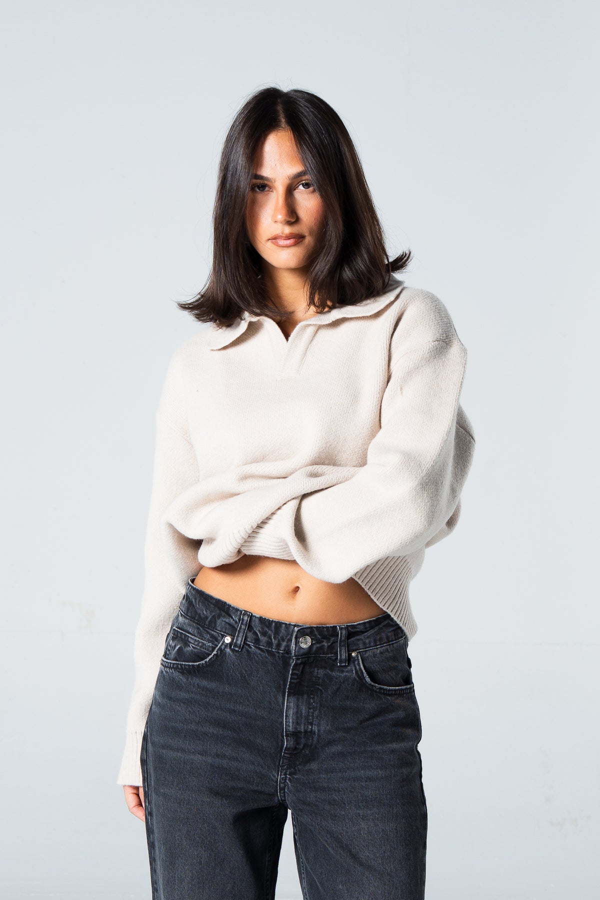Blank Knitted Pullover - Beige - #women